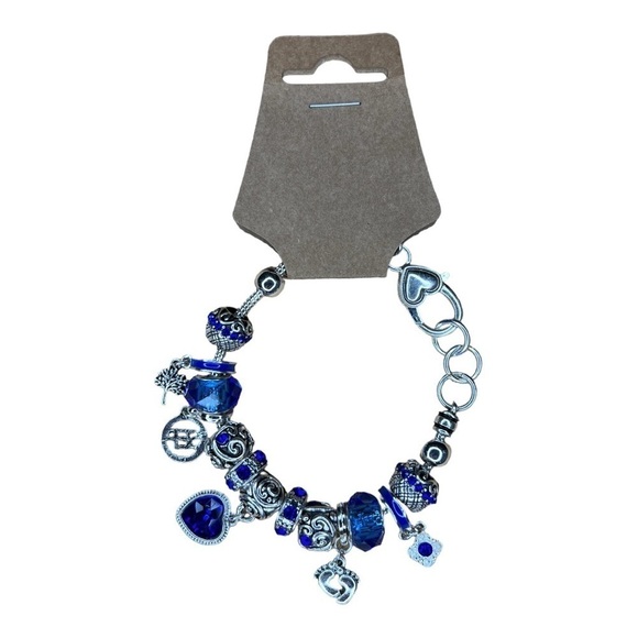 NEW September Birthstone Charm Bracelet Womens Silver Blue Heart - Picture 1 of 8